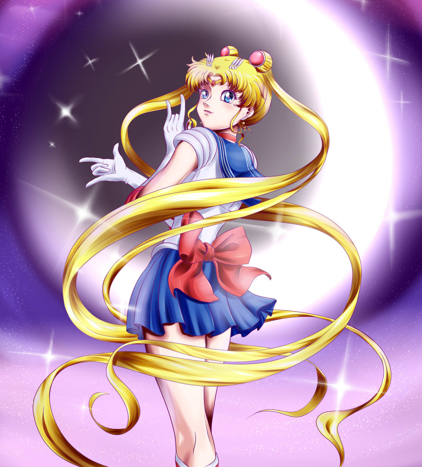 1girl bishoujo_senshi_sailor_moon blonde_hair blue_eyes blush boots bow character_name crescent crescent_moon earrings elbow_gloves gloves hair_ornament highres jewelry long_hair looking_at_viewer magical_girl miniskirt moon pose purple_background red_boots sailor_collar sailor_moon sailor_senshi skirt smile solo star tsuki_ni_kawatte_oshioki_yo tsukino_usagi twintails yomitrooper