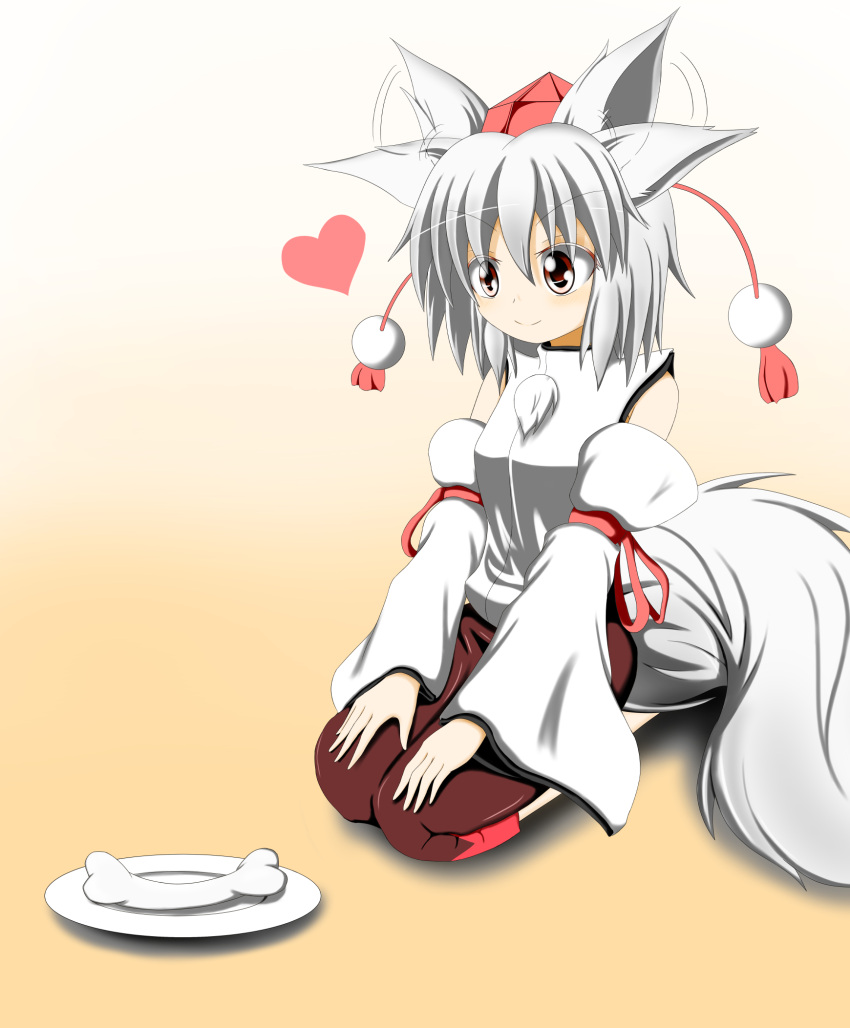 1girl animal_ears bone breasts detached_sleeves ear_wiggle gradient gradient_background hat heart highres inubashiri_momiji looking_down pom_pom_(clothes) red_eyes short_hair silver_hair sitting skirt solo tail tokin_hat touhou wolf_ears wolf_tail
