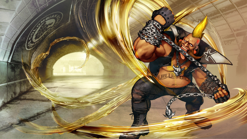 1boy beard birdie_(street_fighter) boots chain chain_necklace chest_hair cross-laced_footwear dark_skin earrings facial_hair fat fingerless_gloves gloves heart_tattoo highres jewelry lace-up_boots licking mohawk official_art pants street_fighter street_fighter_v tattoo torn_clothes torn_pants vest