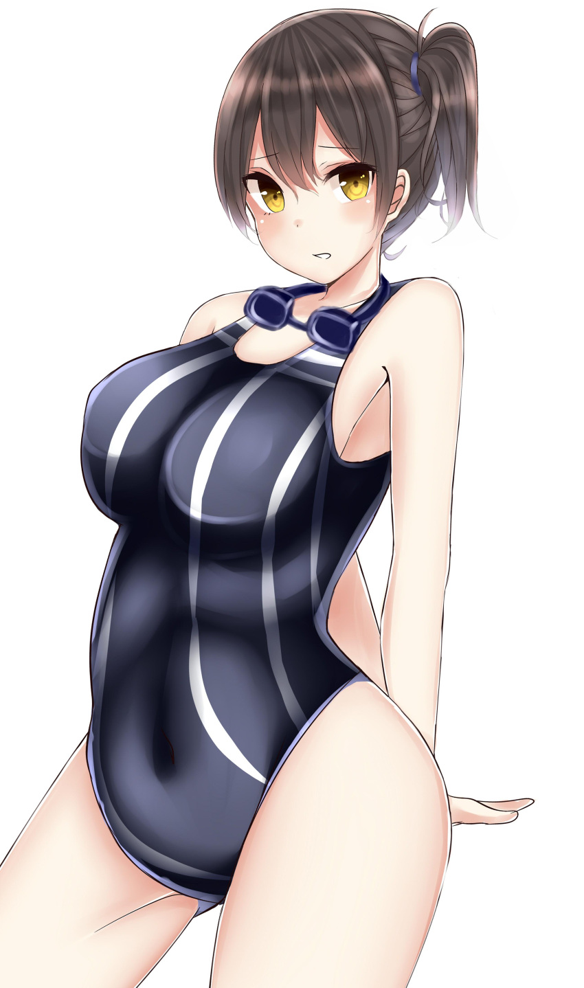 1girl absurdres blush breasts brown_eyes brown_hair goggles goggles_around_neck highres kaga_(kantai_collection) kantai_collection mizukoshi_(marumi) one-piece_swimsuit school_swimsuit short_hair side_ponytail simple_background solo swimsuit