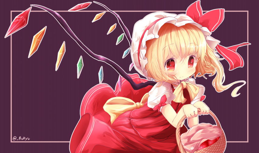 1girl akisha apple ascot basket blonde_hair bow dress flandre_scarlet food fruit hat hat_bow highres mob_cap puffy_short_sleeves puffy_sleeves red_dress red_eyes sash shirt short_sleeves side_ponytail smile solo touhou wings