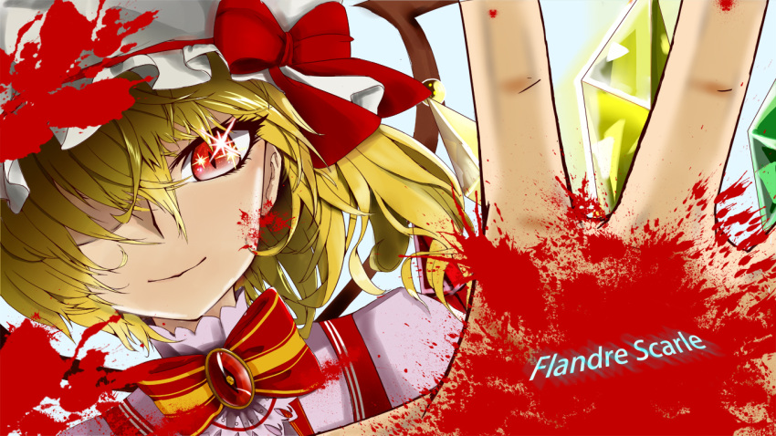 1girl adapted_costume alternate_costume blonde_hair blood bowtie covering_one_eye crystal flandre_scarlet hat hat_ribbon looking_at_viewer mob_cap outstretched_hand red_eyes ribbon short_hair slit_pupils smile solo sparkle sugar_sound touhou typo upper_body vest wings