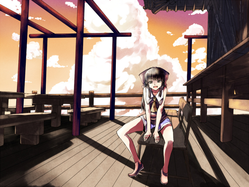 1girl adapted_costume alternate_eye_color ascot bench bow brown_hair building casual clouds evening fang fangs hair_bow hair_tie hakurei_reimu long_hair long_legs looking_at_viewer mikanbako_(rakkyasato) open_mouth outdoors red_shoes shoes shorts sitting sleeveless solo sunset touhou wooden_table yellow_eyes