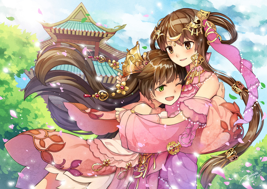2girls age_difference blush brown_eyes brown_hair cherry_blossoms detached_sleeves dress glomp green_eyes hair_ornament height_difference highres hug long_hair multiple_girls one_eye_closed pagoda petals sky smile tagme tree tsubasa_tsubasa