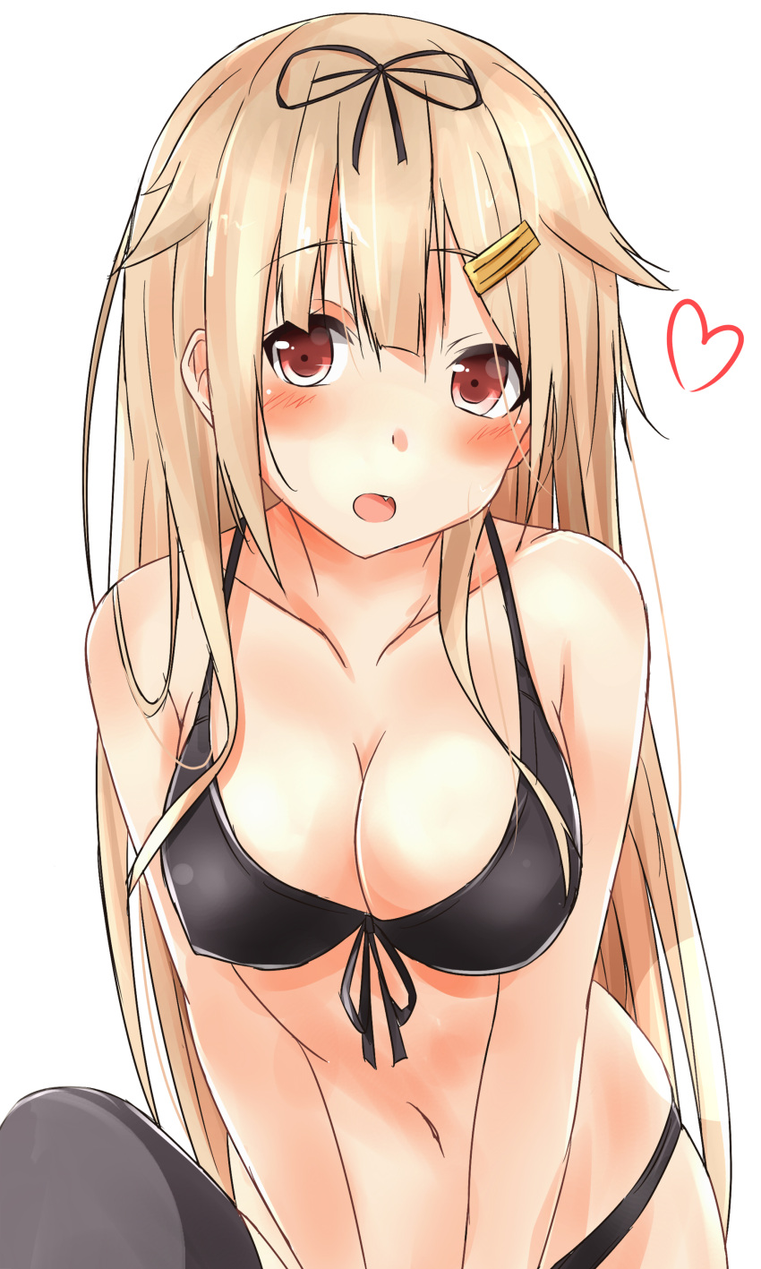 1girl absurdres alternate_costume arm_support bare_shoulders blonde_hair fang hair_flaps hair_ornament hairclip heart highres indian_style kantai_collection long_hair looking_at_viewer midriff navel open_mouth out_of_frame red_eyes remodel_(kantai_collection) saku_(kudrove) simple_background sitting solo straight_hair swimsuit thigh-highs v_arms yuudachi_(kantai_collection)