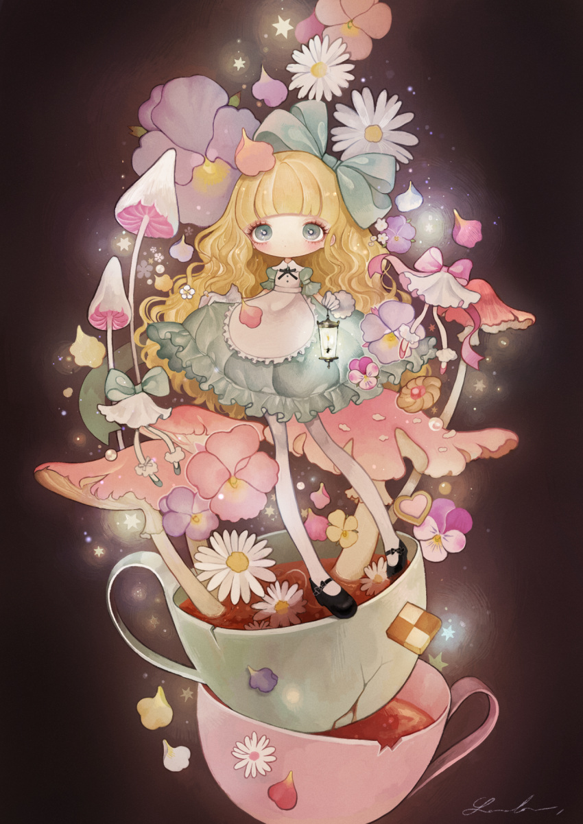 1girl apron bangs black_shoes blonde_hair blue_dress blue_eyes blue_ribbon blunt_bangs blush broken_cup chamomile checkerboard_cookie cookie cup dress expressionless flower food frilled_dress frills gloves hair_ribbon highres holding lalala222 lantern lolita_fashion long_hair long_legs looking_at_viewer mary_janes mushroom original pantyhose petals puffy_short_sleeves puffy_sleeves ribbon shoes short_sleeves signature skirt_hold solo teacup violet_(flower) wavy_hair white_gloves white_legwear white_pupil