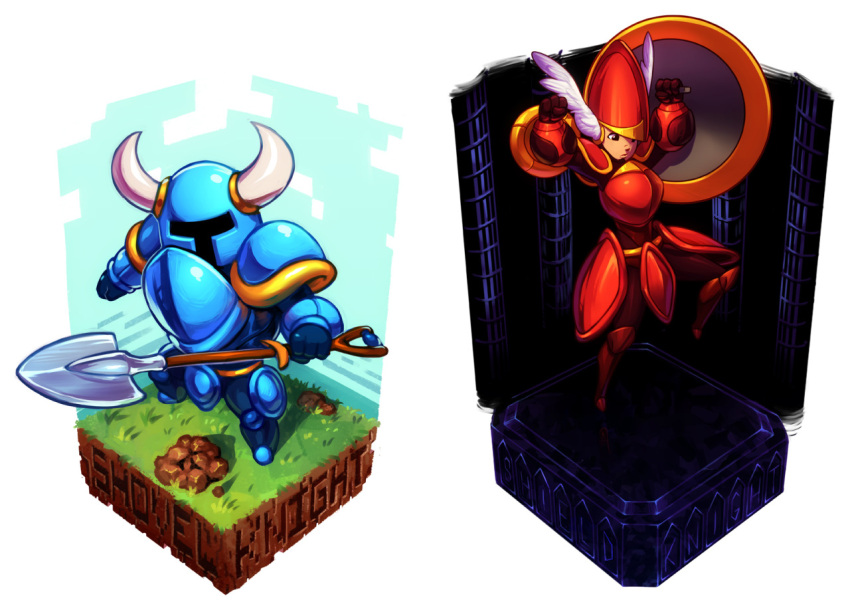 1boy 1girl armor character_name collage full_armor helmet horned_helmet koi_drake shield_knight shovel shovel_knight shovel_knight_(character) worktool