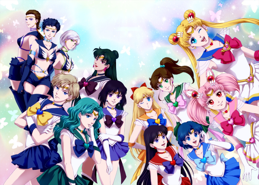 6+girls :d aino_minako aqua_hair bishoujo_senshi_sailor_moon black_hair blonde_hair blue_eyes blue_hair boots bow brooch brown_hair chibi_usa choker crescent crossed_arms double_bun elbow_gloves gloves green_eyes hair_bow hair_bun hair_ornament hairpin half_updo highres hino_rei jewelry kaiou_michiru kino_makoto knee_boots long_hair magical_girl meiou_setsuna mizuno_ami multicolored_background multiple_girls open_mouth pink_bow pink_hair ponytail purple_hair red_bow red_eyes sailor_chibi_moon sailor_collar sailor_jupiter sailor_mars sailor_mercury sailor_moon sailor_neptune sailor_pluto sailor_saturn sailor_senshi sailor_star_fighter sailor_star_healer sailor_star_maker sailor_uranus sailor_venus seiya_kou short_hair shorts skirt smile standing suji taiki_kou ten'ou_haruka thigh-highs thigh_boots tiara tomoe_hotaru tsukino_usagi twintails white_boots white_gloves white_hair yaten_kou