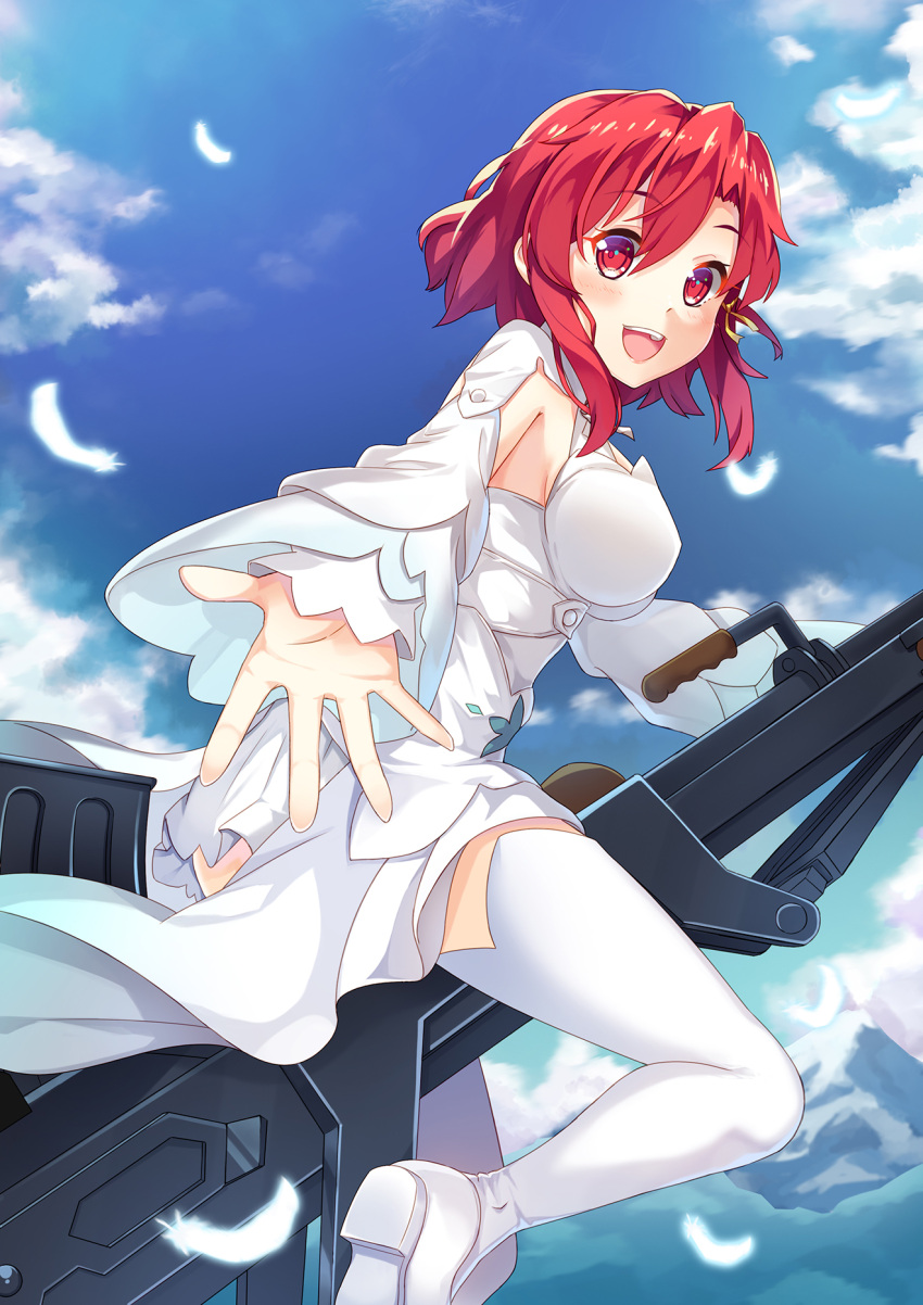 1girl :d anti-tank_rifle blue_sky breasts dance_of_eternity dress highres izetta large_breasts open_mouth outstretched_arm red_eyes redhead riding shuumatsu_no_izetta sky smile white_dress white_legwear