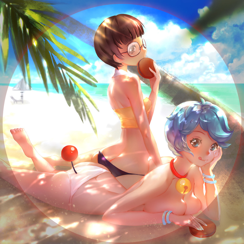 2girls :q adapted_costume ass barefoot beach bell bell_collar bikini_bottom blue_hair breasts brown_eyes brown_hair butt_crack collar detached_collar doraemon doraemon_(character) from_behind genderswap glasses highres large_breasts lying midriff multiple_girls nobi_nobita on_stomach orry short_hair tail tongue tongue_out topless