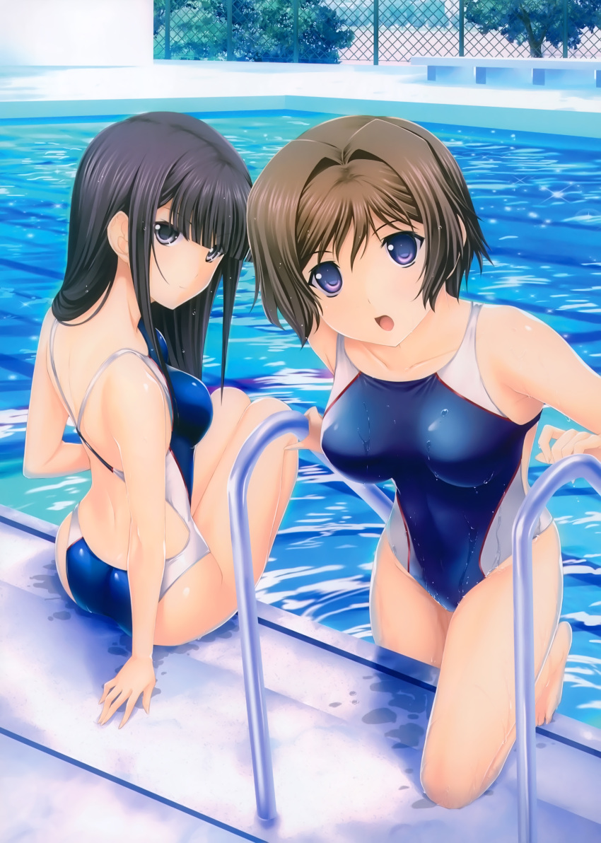 2girls absurdres arm_support bangs black_eyes black_hair blunt_bangs brown_hair collarbone competition_swimsuit covered_navel feet_in_water from_behind highres leg_up long_hair looking_at_viewer looking_back multiple_girls muvluv muvluv_alternative muvluv_total_eclipse one-piece_swimsuit open_mouth outdoors pool_ladder poolside scan short_hair soaking_feet swimsuit takamura_yui violet_eyes water yamashiro_kazusa younger