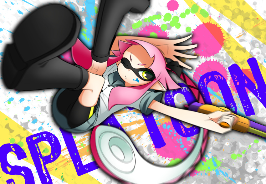 1girl absurdres bike_shorts blurry boots copyright_name depth_of_field falling foreshortening green_eyes highres kantai_collection knee_boots long_hair one_eye_closed paint_on_face paint_splatter pink_hair pointy_ears school_uniform serafuku side_ponytail solo splatoon tentacle_hair very_long_hair water_gun yura_(kantai_collection)