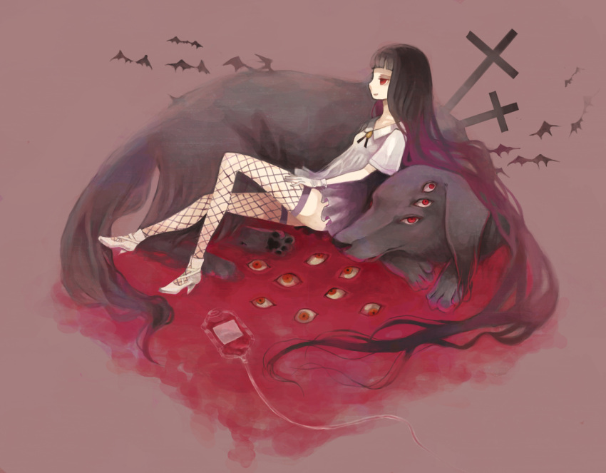 1girl absurdly_long_hair animal bat black_hair blood blood_bag clona commentary_request cross cross-laced_footwear dog extra_eyes eyes fishnet_legwear fishnets girlycard gloves hellsing hellsing:_the_dawn hime_cut lace-up_heels long_hair looking_afar looking_at_viewer lying monster oversized_animal red_eyes sitting skirt smile very_long_hair white_gloves