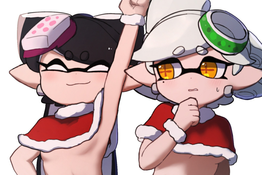 +_+ 2girls arm_up armpits bangs black_hair blush breasts callie_(splatoon) capelet christmas closed_mouth commentary_request cousins earrings eyebrows_visible_through_hair food food_on_head frown fur-trimmed_capelet fur_trim grey_hair hand_on_own_chest jewelry long_hair looking_at_another marie_(splatoon) mole mole_under_eye multiple_girls naked_capelet object_on_head open_mouth orange_eyes pointy_ears red_capelet santa_costume short_hair side-by-side simple_background small_breasts smile splatoon_(series) sushi sweatdrop swept_bangs tentacle_hair tied_hair under_boob white_background wuju_(1198979953)