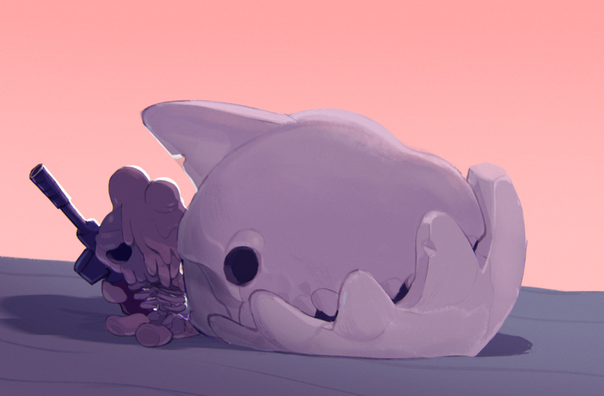 gun justin_chan melting_(nuclear_throne) nuclear_throne official_art sitting skeleton skull solo weapon