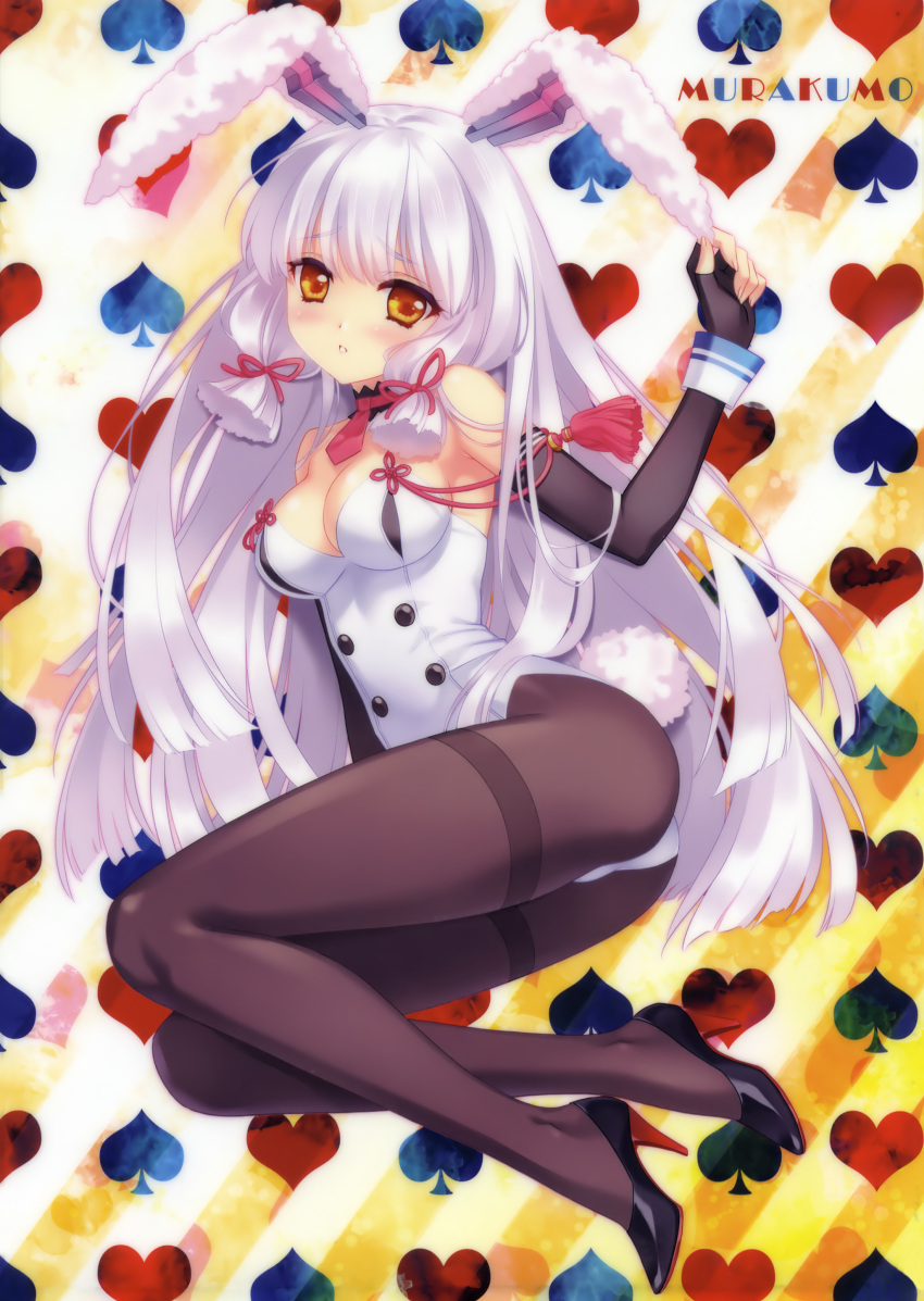 1girl absurdres adapted_costume animal_ears ass black_gloves black_legwear blush breasts bunny_tail bunnysuit carnelian cleavage detached_collar elbow_gloves fingerless_gloves gloves grey_hair highres legs long_hair murakumo_(kantai_collection) pantyhose rabbit_ears remodel_(kantai_collection) tagme tail wrist_cuffs yellow_eyes