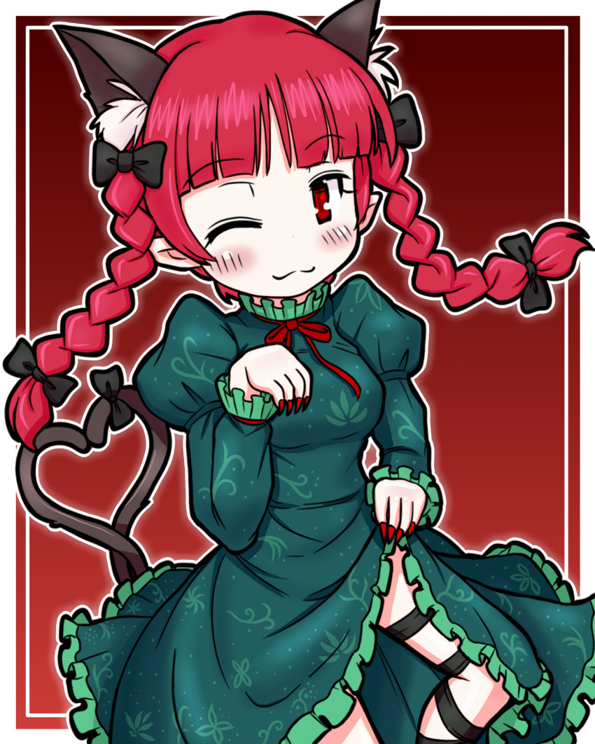 1girl ;3 animal_ears bangs blunt_bangs bow braid cat_ears cat_tail dress dress_lift eruru_(erl) frilled_dress frills hair_bow highres kaenbyou_rin multiple_tails red_eyes redhead tail touhou twin_braids two_tails