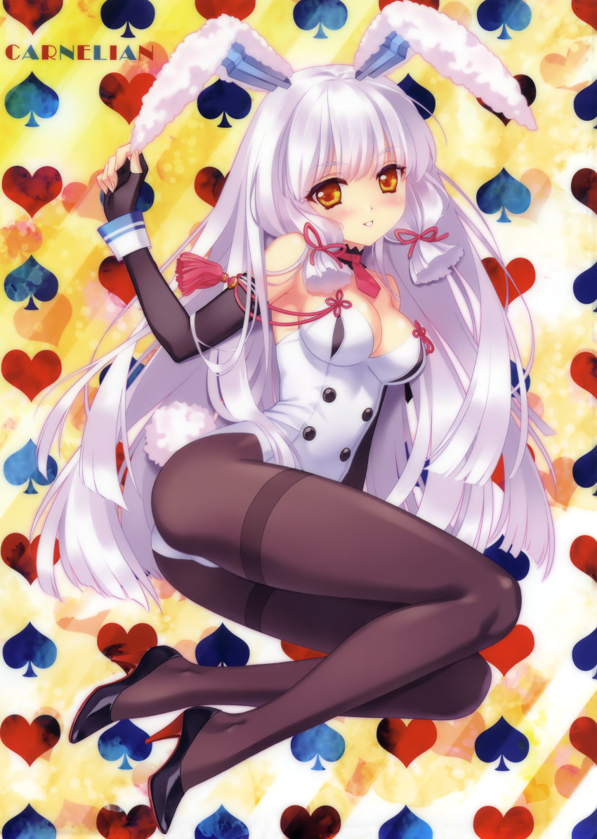 1girl absurdres adapted_costume animal_ears ass black_gloves black_legwear blush breasts bunny_tail bunnysuit carnelian cleavage detached_collar elbow_gloves fingerless_gloves gloves grey_hair highres kantai_collection legs long_hair murakumo_(kantai_collection) pantyhose rabbit_ears remodel_(kantai_collection) tagme tail wrist_cuffs yellow_eyes