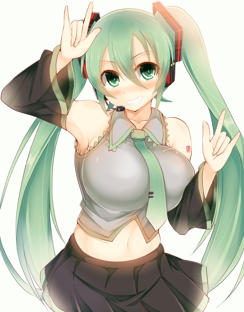 1girl alternate_breast_size aqua_hair bare_shoulders breasts detached_sleeves facominn grin hatsune_miku highres huge_breasts looking_at_viewer simple_background skin_tight smile solo vocaloid white_background