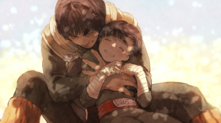 2boys :d ^_^ armor bangs between_legs black_hair blunt_bangs blush closed_eyes dappled_sunlight grin hand_on_another's_chest hand_on_another's_shoulder handwraps happy hug hug_from_behind knee_up leaning_back leaning_forward leg_warmers long_sleeves male_focus might_guy morioskn multiple_boys naruto open_mouth rock_lee sash sitting smile sunlight uniform vest