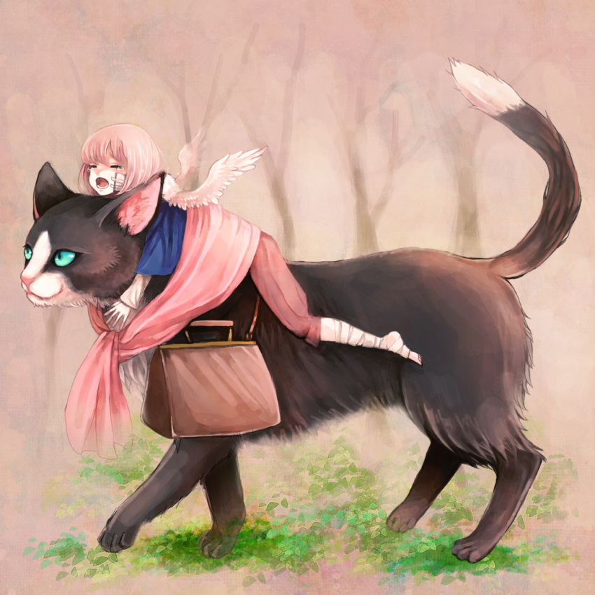 1girl aqua_eyes bag bandaged_leg cat clona closed_eyes commentary_request feathered_wings forest holding lavender_hair looking_afar mini_wings nature open_mouth original riding sitting_on_animal tears wings