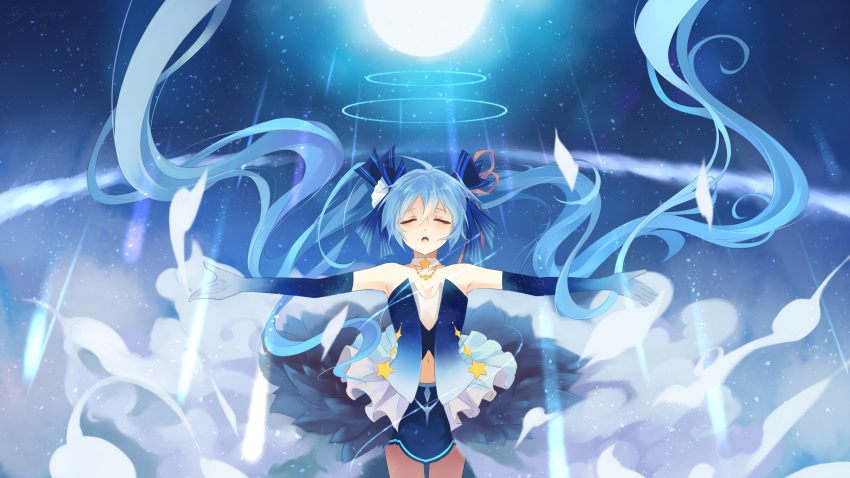 1girl aqua_hair bzerox detached_sleeves hatsune_miku highres long_hair open_mouth outstretched_arms skirt solo thigh-highs twintails very_long_hair vocaloid