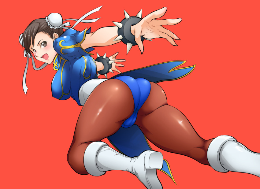 10ro 1girl ass black_hair boots bracelet breasts brown_eyes brown_legwear bun_cover china_dress chinese_clothes chun-li double_bun from_behind highres jewelry knee_boots open_mouth outstretched_arms pantyhose pelvic_curtain red_background running short_hair solo spiked_bracelet spikes street_fighter thick_thighs thighs white_boots