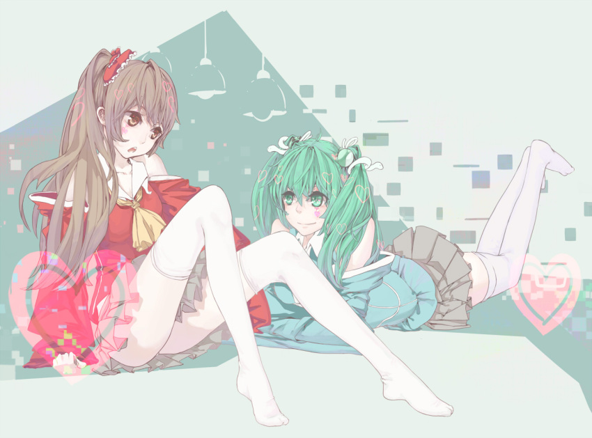 2girls adapted_costume alternate_costume alternate_hairstyle ascot ass barefoot bow brown_eyes brown_hair detached_sleeves frog_hair_ornament full_body green_eyes green_hair hair_bow hair_ornament hakurei_reimu heart keko_(artist) kochiya_sanae long_hair long_sleeves looking_at_another lying miniskirt multiple_girls on_stomach open_mouth shirt side_ponytail sitting skirt smile snake_hair_ornament thigh-highs touhou twintails white_legwear wide_sleeves zettai_ryouiki