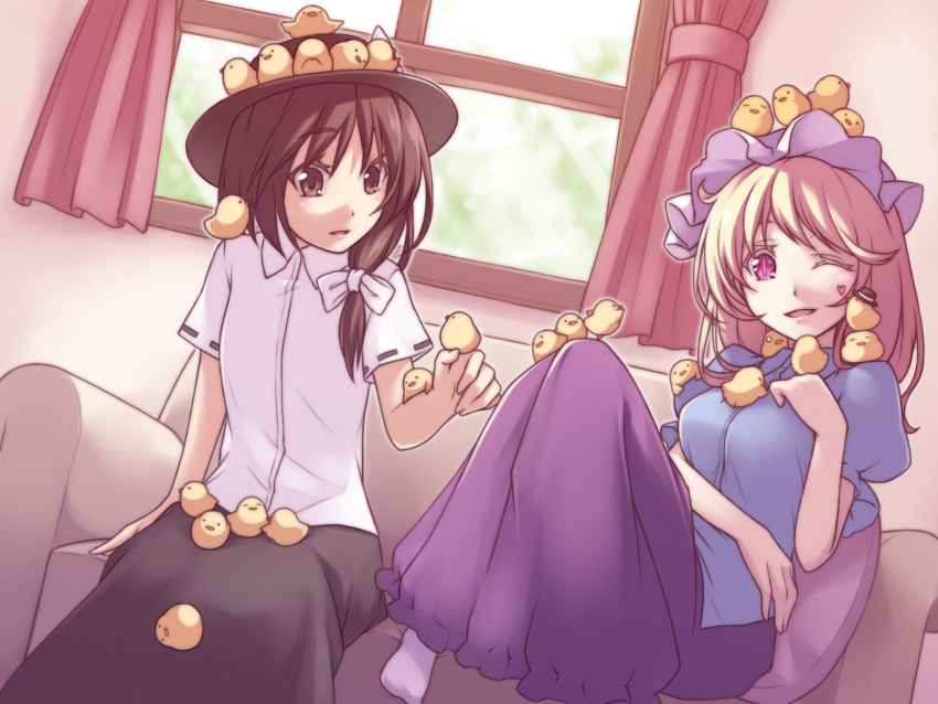 2girls animal bird blonde_hair bow brown_eyes brown_hair chick chicken couch curtains hair_bow hair_ornament hat heart highres long_skirt looking_down maribel_hearn midorino_eni mob_cap multiple_girls one_eye_closed open_mouth puffy_sleeves shirt short_hair short_sleeves sitting skirt smile socks too_many_birds touhou usami_renko violet_eyes white_legwear window