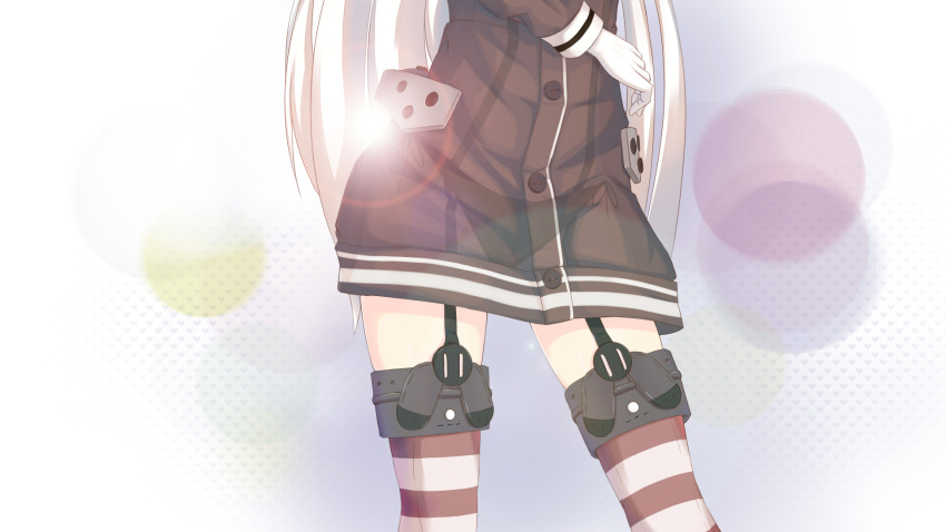 1girl abstract_background amatsukaze_(kantai_collection) brown_dress buttons contrapposto dress garter_straps gloves highres kantai_collection lens_flare long_hair panties sailor_dress see-through short_dress side-tie_panties silver_hair solo striped striped_legwear thigh-highs tianping_hu underwear waist_down white_gloves zettai_ryouiki