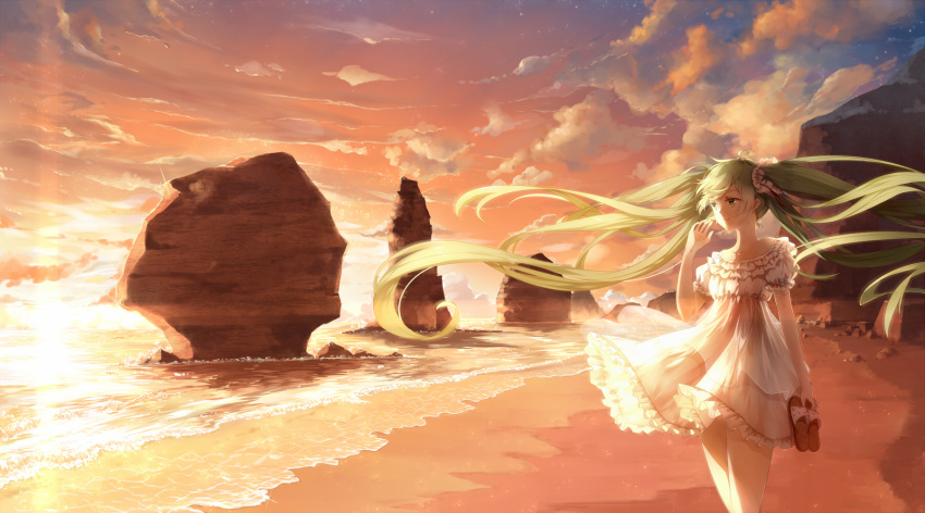 1girl 3000_xiao_chun beach clouds commentary_request dress green_eyes green_hair hatsune_miku highres ocean puffy_short_sleeves puffy_sleeves scenery scrunchie shoes_removed short_sleeves slippers solo sunset twintails vocaloid white_dress wind
