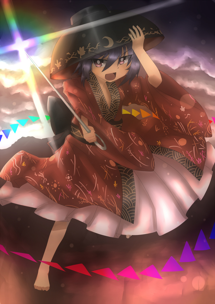 1girl absurdres bowl_hat clouds cloudy_sky futsuu_(lowerkiller) hand_on_headwear highres japanese_clothes kimono lens_flare long_sleeves looking_at_viewer mountain needle open_mouth purple_hair red_eyes short_hair sky solo standing_on_one_leg sukuna_shinmyoumaru sun touhou wide_sleeves