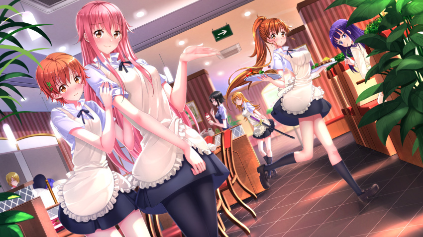 3boys 5girls apron black_hair black_legwear blonde_hair breasts brown_hair cowboy_shot hair_ornament highres inami_mahiru indoors katana kneehighs mouth_hold multiple_boys multiple_girls otoko_no_ko pantyhose pink_hair ponytail purple_hair satou_jun shirafuji_kyouko short_hair souma_hiroomi standing_on_one_leg sword swordsouls takanashi_souta taneshima_popura todoroki_yachiyo tray waitress weapon working!! yamada_aoi