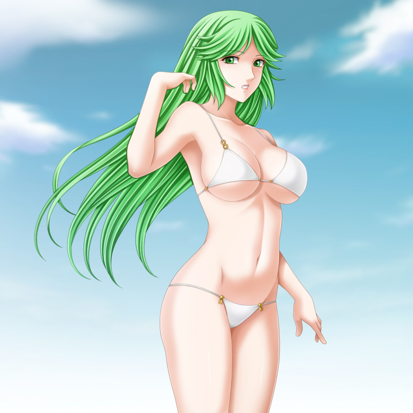1girl bikini green_eyes green_hair highres kid_icarus long_hair palutena parted_lips standing swimsuit tamamon