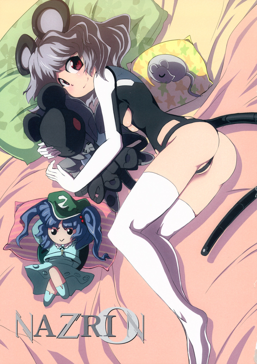 1girl adapted_costume alternate_costume animal animal_ears ass black_panties blush breasts character_doll character_name floral_print grey_hair highres kawashiro_nitori long_sleeves looking_at_viewer lying mouse mouse_ears mouse_tail nazrin on_bed on_side panties pillow red_eyes scan scan_artifacts shirt shope short_hair sleeping smile star tail thigh-highs touhou under_boob underwear white_legwear