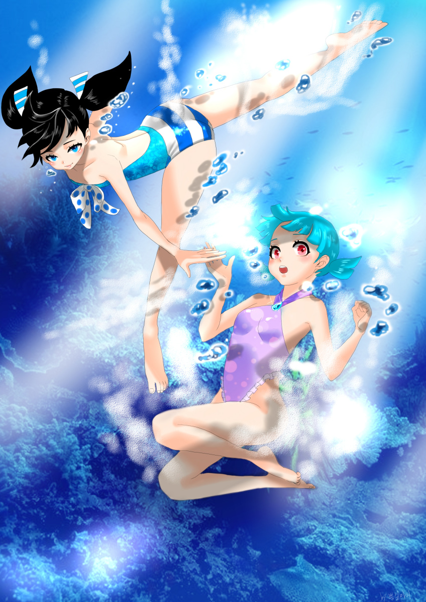 2girls absurdres air_bubble barefoot black_hair blue_eyes blue_hair blush breath bubble character_request coral freediving highres holding_breath multiple_girls ocean one-piece_swimsuit red_eyes short_twintails source_request swimming swimsuit twintails underwater water