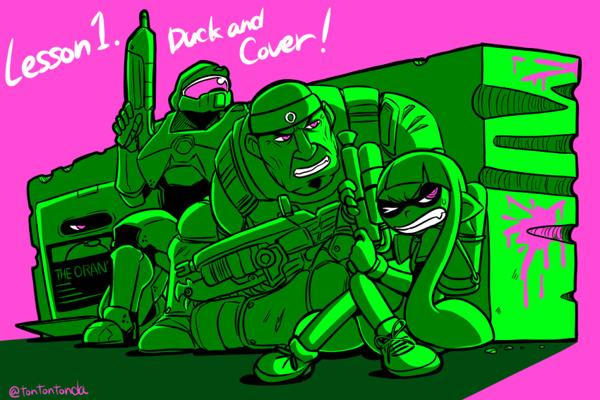 1girl 3boys english gears_of_war gun halo_(game) highres inkling lancer_(weapon) marcus_fenix master_chief metal_gear_(series) multiple_boys power_suit purple_background solid_snake splatoon tonda wall weapon