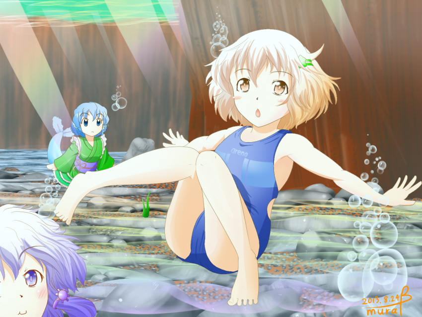 3girls air_bubble arena_(company) barefoot breath character_request chestnut_mouth competition_school_swimsuit freediving highres lyrica_prismriver mermaid monster_girl mubii multiple_girls one-piece_swimsuit open_mouth swimming swimsuit touhou underwater wakasagihime