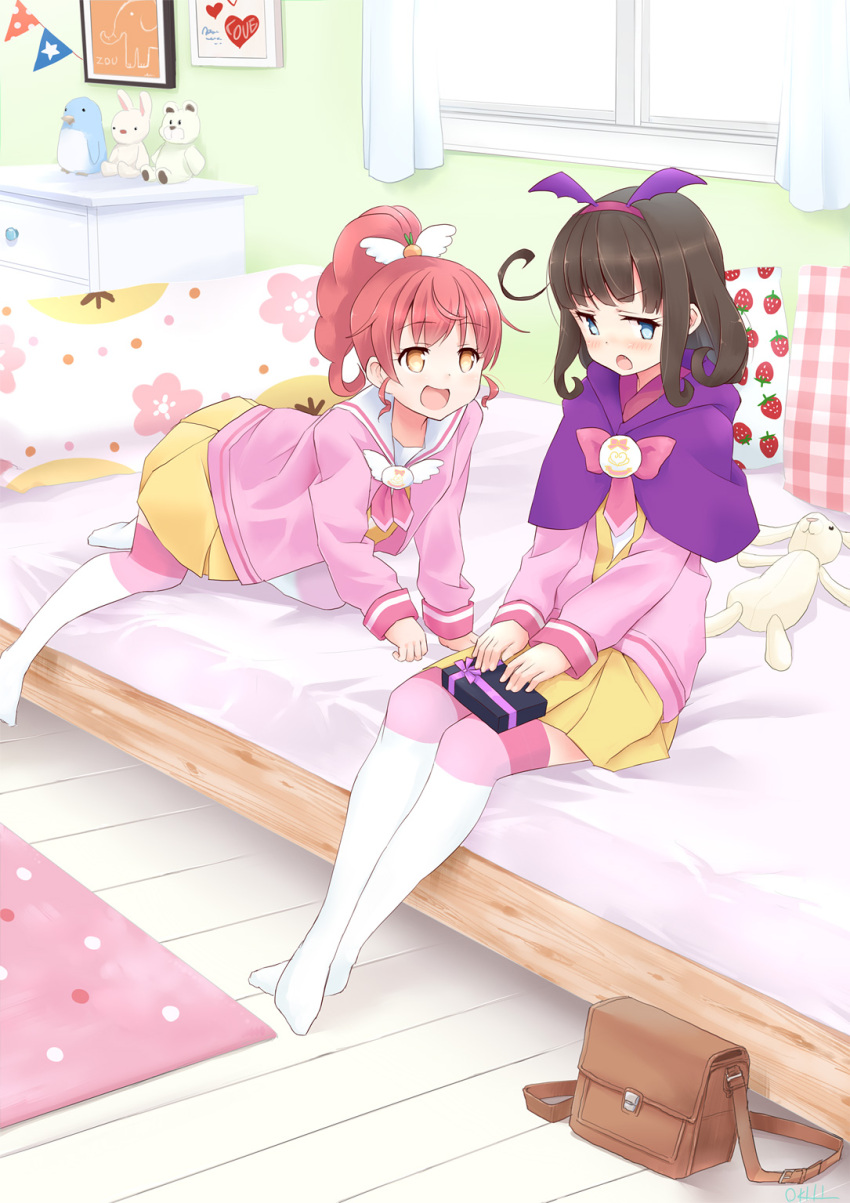 2girls all_fours bag bed blue_eyes blush box brown_hair capelet chest_of_drawers curtains fang floral_print gift gift_box hairband highres indoors kurosu_aroma long_sleeves looking_at_another multiple_girls okiru on_bed open_mouth orange_eyes picture_frame pleated_skirt ponytail puri_para redhead rug school_uniform serafuku shiratama_mikan sitting skirt star strawberry_print striped striped_legwear stuffed_animal stuffed_bunny stuffed_penguin stuffed_toy teddy_bear window wooden_floor
