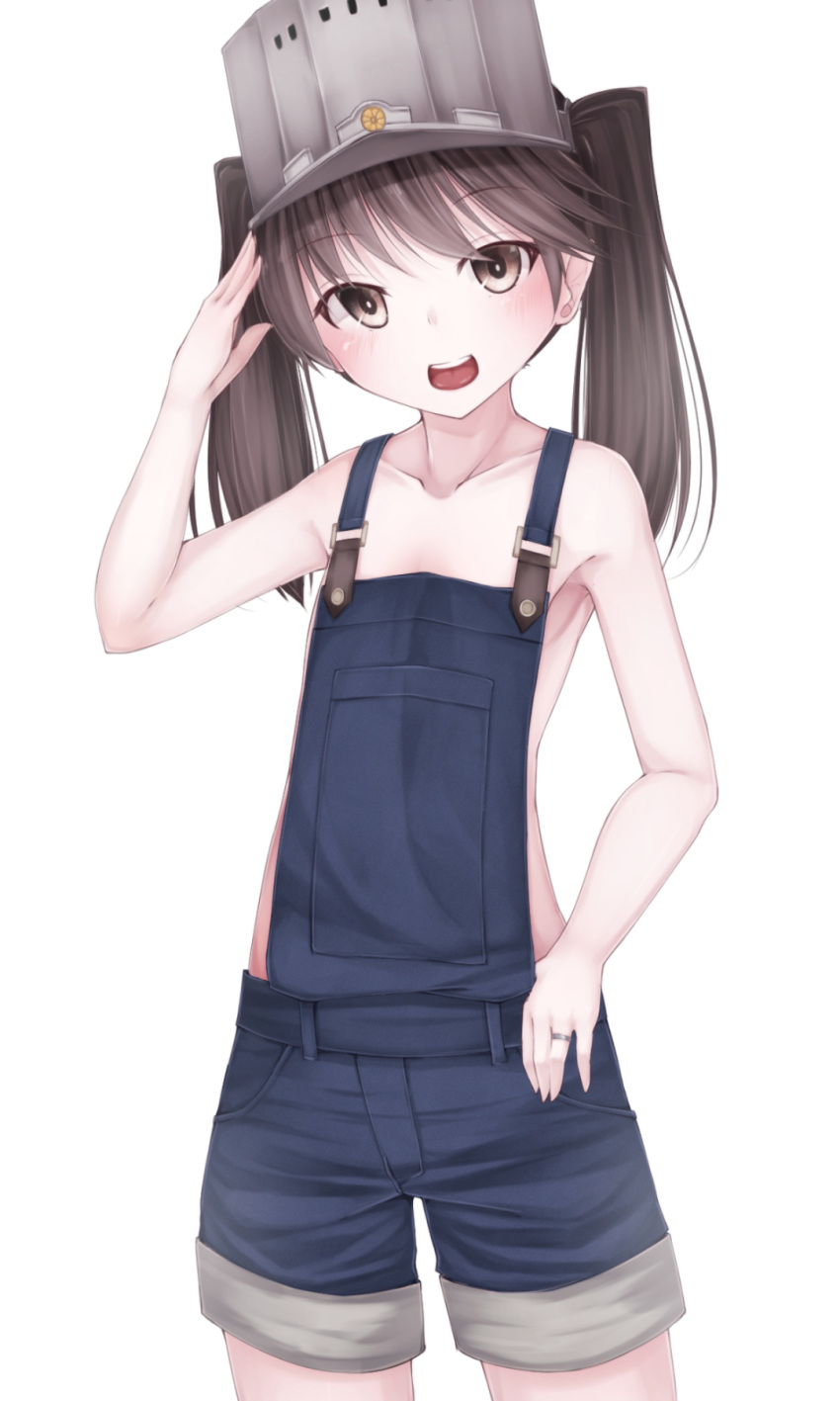1girl bare_arms bare_shoulders brown_eyes brown_hair collarbone hat highres kantai_collection long_hair looking_at_viewer naked_overalls open_mouth overalls ryuujou_(kantai_collection) salute smile solo twintails waterdog