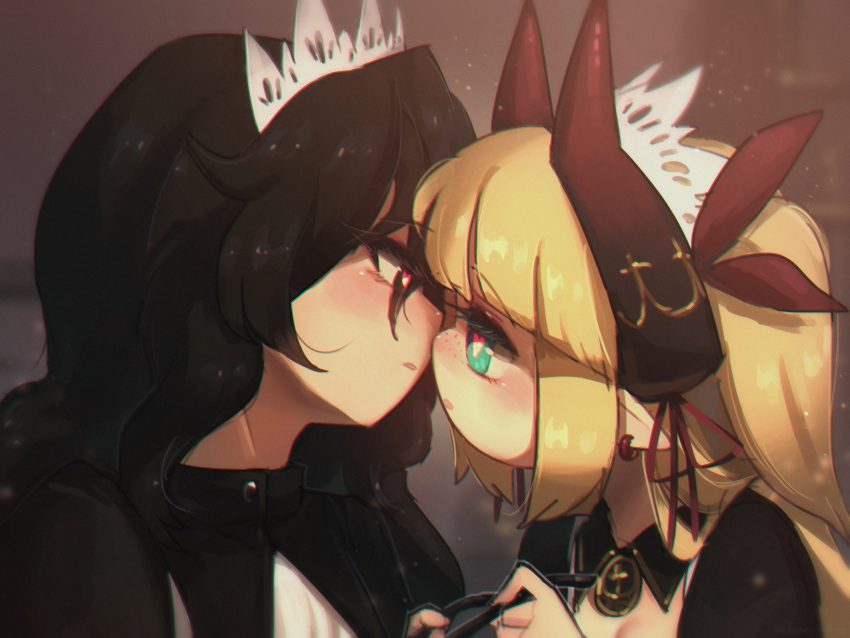 2girls bangs black_eyes black_hair blonde_hair blunt_bangs blurry blurry_background blush borrowed_character commentary earrings english_commentary executioner_maid_(centuriic) eyebrows_visible_through_hair eyes_visible_through_hair face-to-face flareze_(porforever) freckles from_side green_eyes heart heart-shaped_pupils highres horns imminent_kiss jewelry maid_headdress multiple_girls original parted_bangs pointy_ears porforever profile symbol-shaped_pupils two_side_up yuri