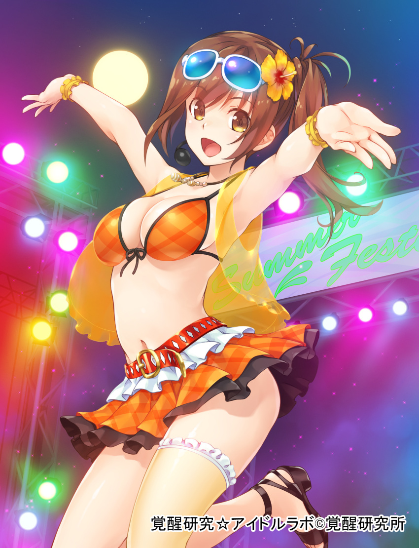 1girl :d armpits belt breasts brown_eyes brown_hair cleavage flower hair_flower hair_ornament highres jewelry kakusei_kenkyuu_idol_lab large_breasts navel necklace official_art open_mouth outstretched_arms sideboob single_thighhigh skirt smile solo spread_arms standing_on_one_leg sunglasses sunglasses_on_head thigh-highs wacchi wristband