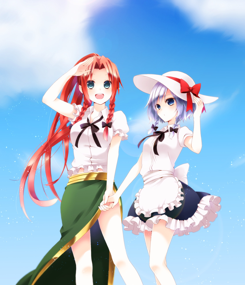 2girls alternate_costume alternate_hairstyle alternate_headwear apron bare_legs blue_background blue_eyes braid chitose_(usacan) collared_shirt frilled_skirt frills gradient gradient_background hair_ribbon hand_on_headwear hand_to_forehead hat hat_ribbon highres holding_hands hong_meiling izayoi_sakuya light_particles long_hair looking_at_viewer multiple_girls neck_ribbon no_hat no_headwear open_mouth ponytail puffy_short_sleeves puffy_sleeves redhead ribbon shirt short_sleeves skirt sun_hat touhou tress_ribbon twin_braids waist_apron
