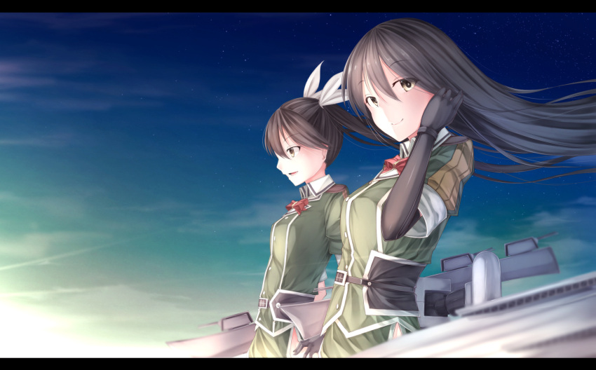2girls black_gloves black_hair chikuma_(kantai_collection) clouds gloves hair_ribbon highres kantai_collection letterboxed long_hair looking_at_viewer machinery military multiple_girls puffy_short_sleeves puffy_sleeves ribbon shirt short_sleeves skirt sky smile star_(sky) sunrise tone_(kantai_collection) twintails very_long_hair waterdog yellow_eyes