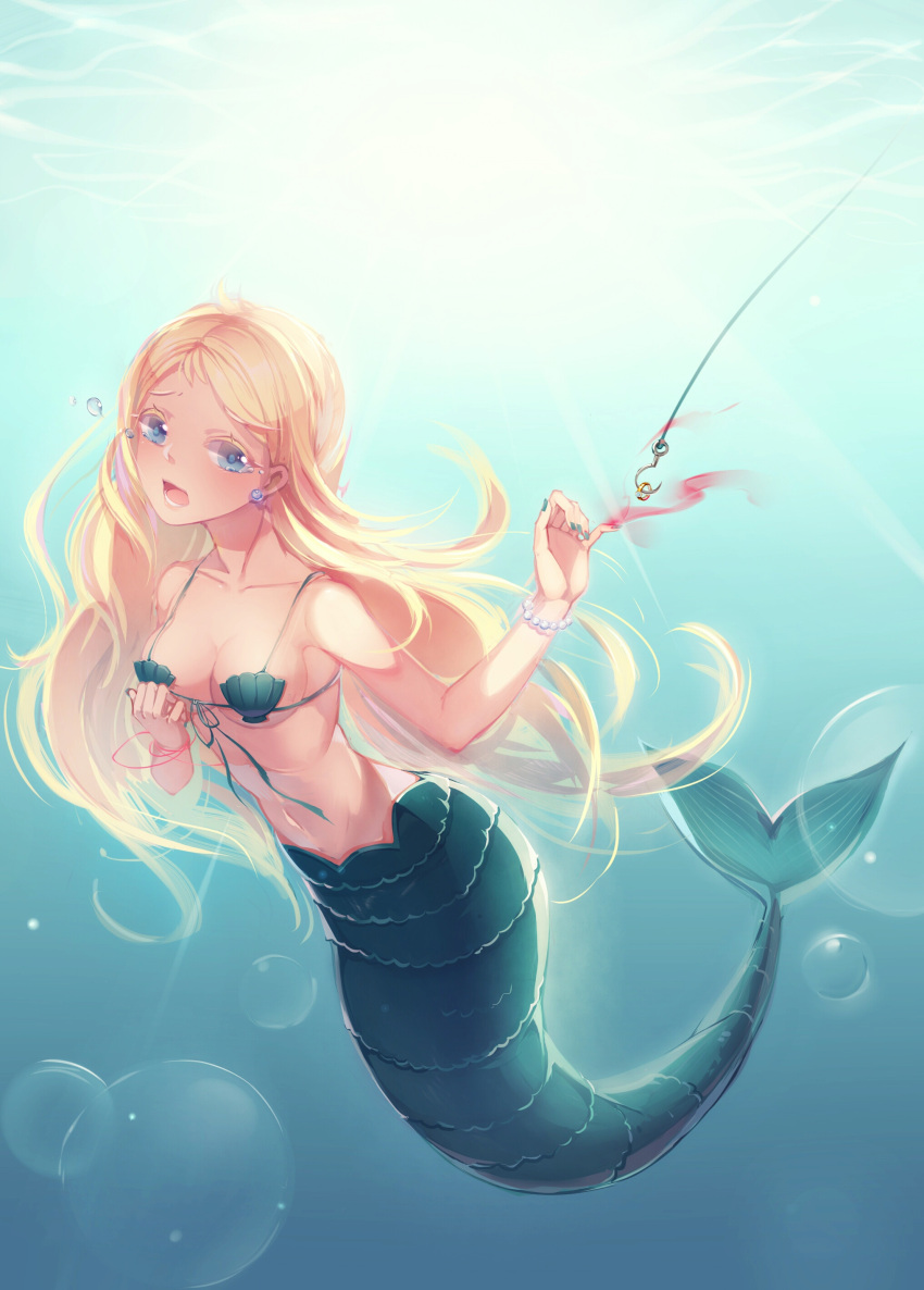 1girl absurdres artist_request blonde_hair blood blue_eyes breasts cleavage commentary_request earrings fishing_hook fishing_line highres jewelry mermaid monster_girl navel ring shell shell_bikini small_breasts solo sunlight underwater