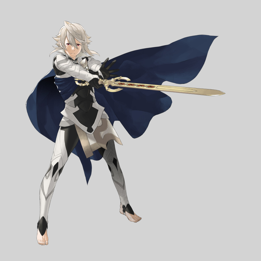 1boy absurdres armor barefoot cape fire_emblem fire_emblem_if gauntlets hair_between_eyes highres kozaki_yuusuke my_unit_(fire_emblem_if) official_art pointy_ears red_eyes short_hair solo sword weapon