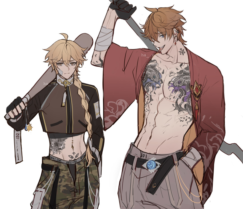 2boys abs absurdres aether_(genshin_impact) ahoge alternate_costume arm_tattoo artist_name bandages bangs baseball_bat black_gloves blonde_hair blue_eyes boxers camouflage camouflage_pants chest_tattoo closed_mouth cropped_jacket earrings eyebrows_visible_through_hair fingerless_gloves genshin_impact gloves ha_ze hair_between_eyes hand_in_pocket highres holding jacket jewelry long_hair long_sleeves male_focus male_underwear multiple_boys neck_tattoo open_clothes pants pectorals piercing pubic_tattoo simple_background single_earring tartaglia_(genshin_impact) tattoo tongue tongue_out tongue_piercing underwear vision_(genshin_impact) white_background wide_sleeves yellow_eyes