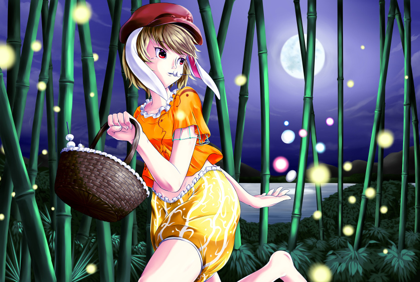 1girl absurdres animal_ears bamboo bamboo_forest barefoot basket blonde_hair bush curvy dango danmaku fireflies food food_in_mouth forest frills hat highres legacy_of_lunatic_kingdom lights looking_back moon moon_rabbit nature night night_sky orange_shirt patterned pumpkin_shorts rabbit_ears red_eyes red_hat ringo_(touhou) running shirt short_hair sky striped_shorts toothpick tossing touhou wagashi yellow_pants yomitrooper