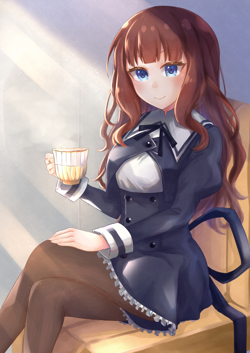 1girl absurdres assault_lily bangs black_skirt blue_eyes blunt_bangs blush breasts brown_hair brown_pantyhose buttons chair closed_mouth cropped_jacket crossed_legs cup day feet_out_of_frame fingernails frilled_skirt frills hand_on_own_thigh hand_up high-waist_skirt highres holding holding_cup indoors jewelry juliet_sleeves kaede_johan_nouvel light_particles long_hair long_sleeves looking_at_viewer medium_breasts miniskirt neck_ribbon on_chair pantyhose puffy_sleeves ribbon ring school_uniform shirt sidelocks sitting skirt smile solo steam sunlight teacup wavy_hair white_shirt yozakurayuyu yurigaoka_girls_academy_school_uniform