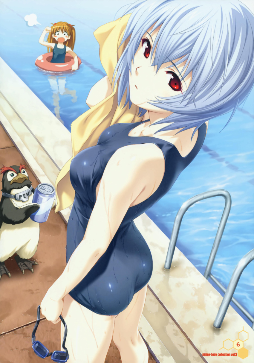 angry ass ayanami_rei bird blue_hair blush_stickers breasts chibi drying goggles highres innertube koutaro ladder long_hair looking_back neon_genesis_evangelion one-piece one-piece_swimsuit penguin penpen pool pool_ladder red_eyes red_hair redhead school_swimsuit short_hair soda souryuu_asuka_langley speech_bubble swimsuit towel wet